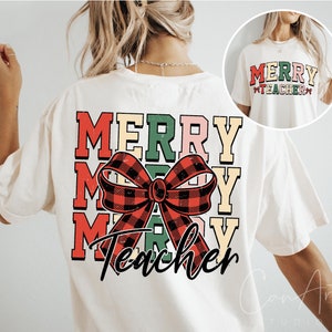 Merry Teacher png, kerst voor- en achterkant T-shirt sublimatieontwerpen, cadeau voor kerstleraar waardering png, digitaal bestand downloaden