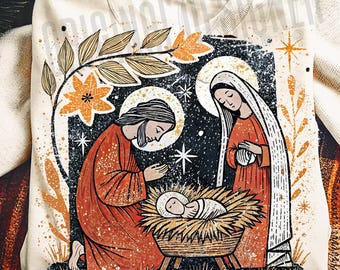 Nativity Scene PNG, Christmas Manger Digital Download, Holy Family Sublimation Design, Religious Christmas Shirt Graphic