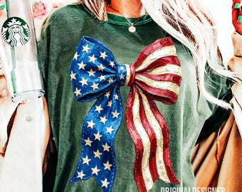 Patriotic Coquette Bow Png, 4th Of July Png, American Flag Red White Blue Bow Png, Hand Painted USA Ribbon Sublimation Design