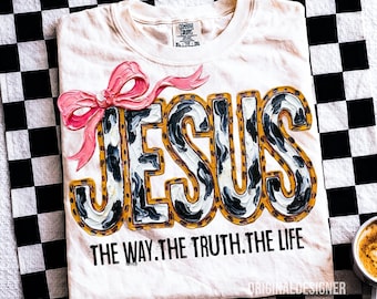 Jesus Png, The Way The Truth The Life Png, Brushstroke Easter Coquette Bow Png, Retro Cow Print John 14:6 Religious Bible Verse Png