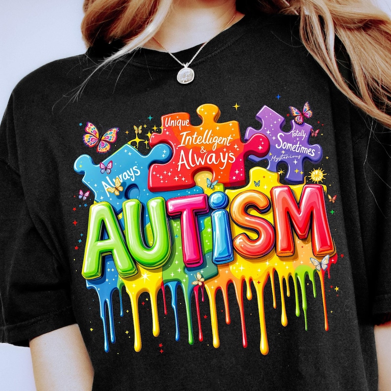 Colorful puzzle pieces with motivational phrases and dripping rainbow design surrounding bold multicolored text reading 'AUTISM.' Perfect for awareness and crafting projects.
