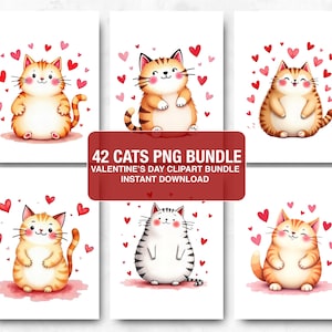 Lot de Png chat Saint-Valentin, lot de cliparts Saint-Valentin, aquarelle chat mignon sublimation impression PNG sur le thème de l'amour félin mignon, chat romantique