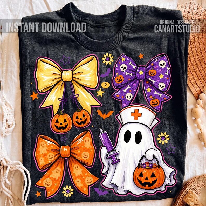 May include: A black t-shirt featuring a graphic print of three decorative bows in yellow, purple, and orange, alongside a white ghost wearing a nurse cap and holding a purple syringe and a jack-o'-lantern bucket filled with candy.