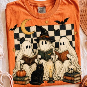 Halloween-läsande spöken PNG, häxbokklubb och svart kattdesign, sublimeringsdigital fil bild 2