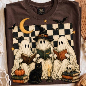 Halloween-läsande spöken PNG, häxbokklubb och svart kattdesign, sublimeringsdigital fil bild 5
