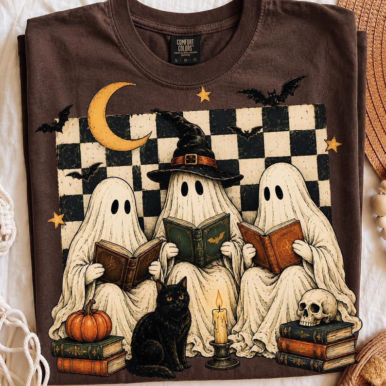 Halloween-läsande spöken PNG, häxbokklubb och svart kattdesign, sublimeringsdigital fil bild 5