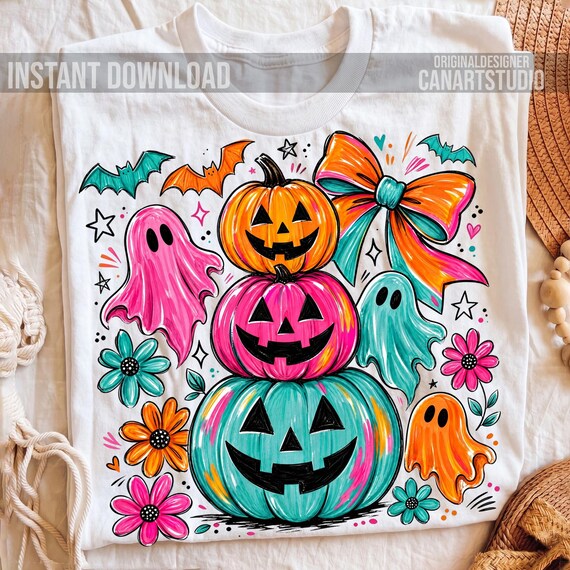 Halloween Pumpkin Ghost PNG, Spooky Cute Sublimation Design, Jack O Lantern Shirt, Digital Download