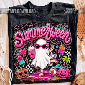 May include: Black t-shirt with a colorful "Summerween" graphic. The design features a ghost wearing sunglasses, holding a drink, and giving a peace sign. Includes pumpkins, ice cream, and beach elements.