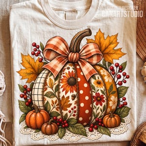 Fall Patchwork Pumpkin PNG, Farmhouse Sublimation Digital File