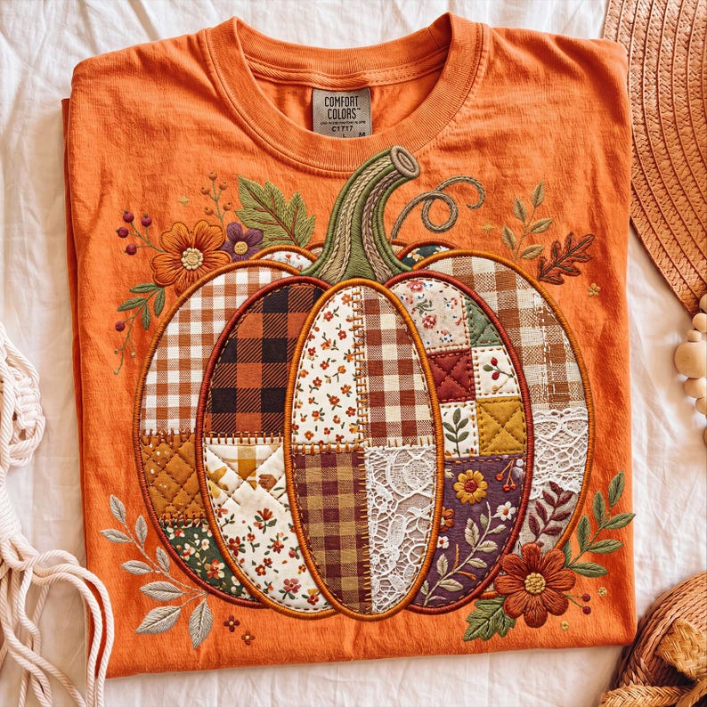 Pode incluir: Camiseta laranja Comfort Colors com um design de ab&oacute;bora bordada. A ab&oacute;bora &eacute; feita de v&aacute;rios padr&otilde;es de tecido, incluindo xadrez e estampas florais. A camisa tem gola redonda e mangas curtas.