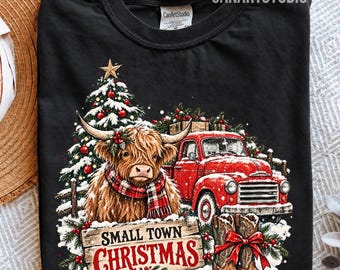Small Town Christmas PNG, Highland Cow Sublimation Digital File