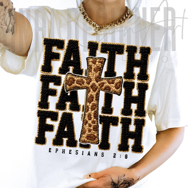 A digital design of the word “FAITH” repeated in black crochet-style letters with a large central cross featuring a leopard yarn texture. The piece has soft stitched edges and a handcrafted, warm appearance.