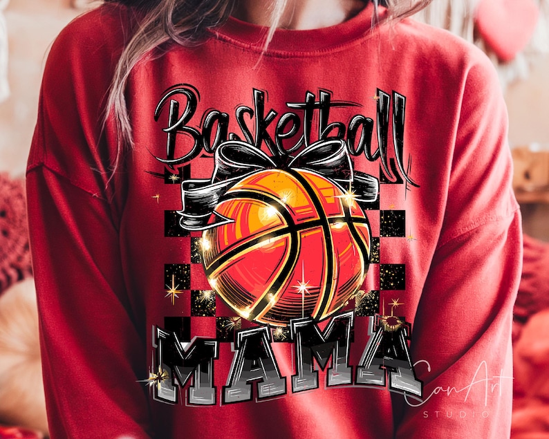 May include: Red sweatshirt featuring a basketball graphic and the text "Basketball Mama" in black and white.