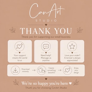 Puede incluir: Una tarjeta informativa de color canela con texto e iconos blancos. Presenta el logotipo de CanArt Studio, un mensaje de agradecimiento e instrucciones para descargas digitales con iconos de coraz&oacute;n, burbuja de chat, estrella, flecha, camiseta y taza.