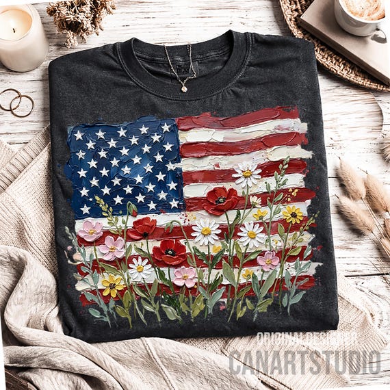 American Flag Floral PNG - Patriotic Wildflower USA Sublimation Design for 4th of July Shirts