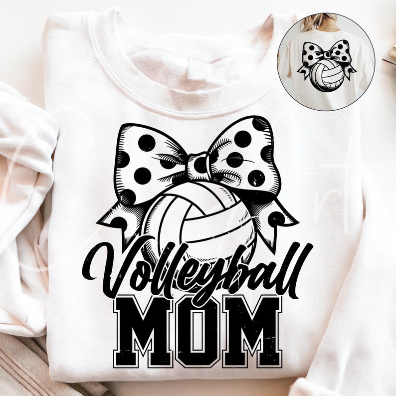 A distressed retro design featuring “Volleyball Mom” text with playful coquette bows and vintage details. Includes a polished front and back layout, perfect for DIY shirts, mugs, and accessories that celebrate volleyball moms in style.