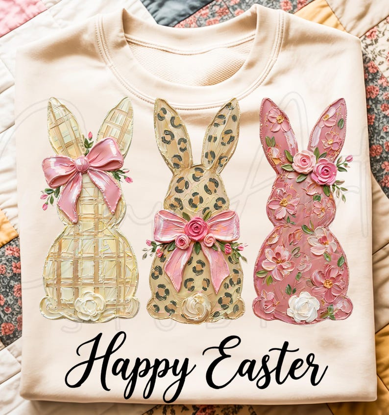 Puede incluir: Una sudadera de color crema con tres dise&ntilde;os decorativos de conejos. Cada conejo tiene un patr&oacute;n &uacute;nico y est&aacute; adornado con lazos y detalles florales. Las palabras "Happy Easter" est&aacute;n escritas en cursiva debajo de los conejos.