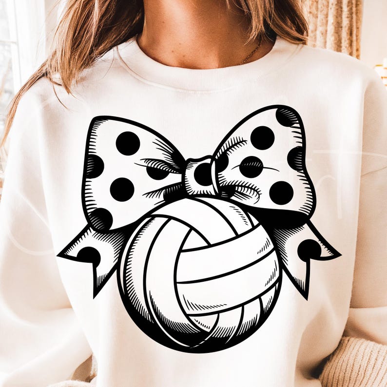 May include: Black and white illustration of a volleyball with a polka dot bow on top. The volleyball has a classic design with raised seams.