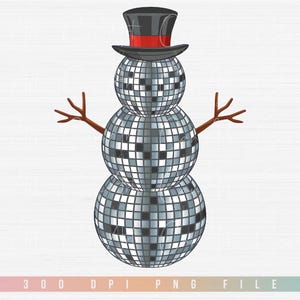 Boneco de neve de bola de discoteca retrô PNG, gráficos de arte de férias divertidos para artesanato DIY, camisetas, cartões, designs de sublimação digital de canecas Download instantâneo