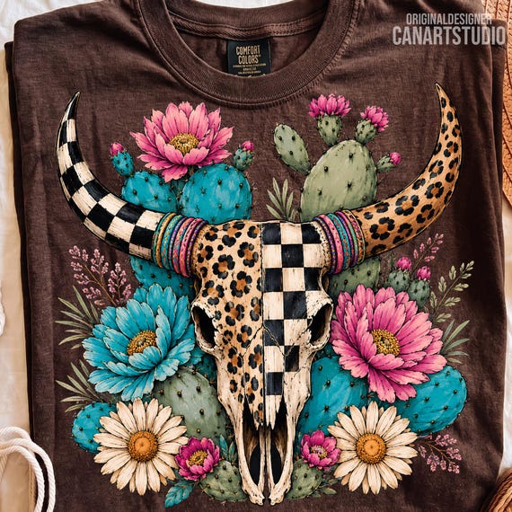 Boho Cow Skull PNG, Western Cactus Floral Design, Sublimation Design, Digital File