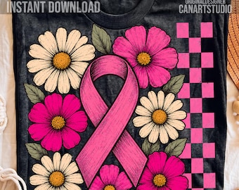 Breast Cancer Floral PNG, Pink Ribbon Sublimation Design, Commercial Use Digital File