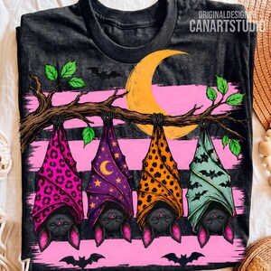 Halloween Hanging Bats PNG, Patterned Moon and Branch Design, Sublimation Digital File