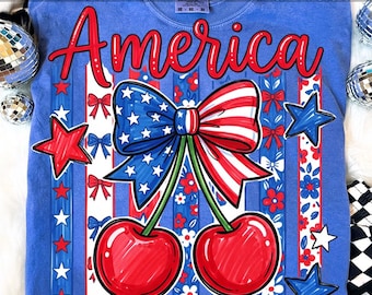 Amerika Cherry Coquette Bow PNG Patriotic Cherry Shirt Design Retro USA 4 juli sublimatie digitale download