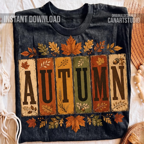 Autumn PNG, Vintage Fall Sublimation Shirt Design, Harvest Leaves Thanksgiving DTF Printable PNG
