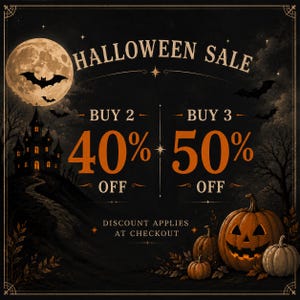 May include: A Halloween sale graphic featuring a full moon, bats, a haunted house, and pumpkins. The text reads: HALLOWEEN SALE, BUY 2 40% OFF, BUY 3 50% OFF, and DISCOUNT APPLIES AT CHECKOUT. The color palette consists of black, dark brown, and orange.