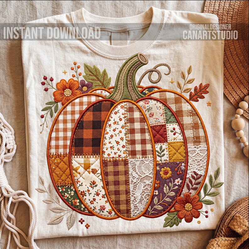 Pode incluir: Camiseta creme com um design de ab&oacute;bora bordada detalhada. A ab&oacute;bora &eacute; composta por v&aacute;rios padr&otilde;es de tecido em tons de laranja, castanho e creme, com detalhes florais e de folhas. O texto na camiseta diz "INSTANT DOWNLOAD" e "ORIGINAL DESIGNER CANARTSTUDIO".