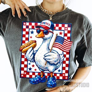 May include: Gray t-shirt featuring a patriotic goose wearing sunglasses, a baseball cap with "AMERICA" on it, and blue star-studded clogs. The goose holds a hot dog and an American flag. The design is framed by a red, white, and blue checkered pattern.