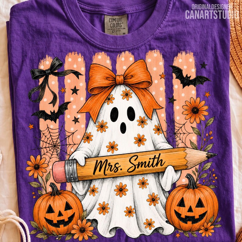 Fantasma de profesor de Halloween PNG, lindo diseño de lápiz y calabaza, archivo digital para sublimación imagen 7