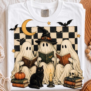 Halloween-läsande spöken PNG, häxbokklubb och svart kattdesign, sublimeringsdigital fil bild 7