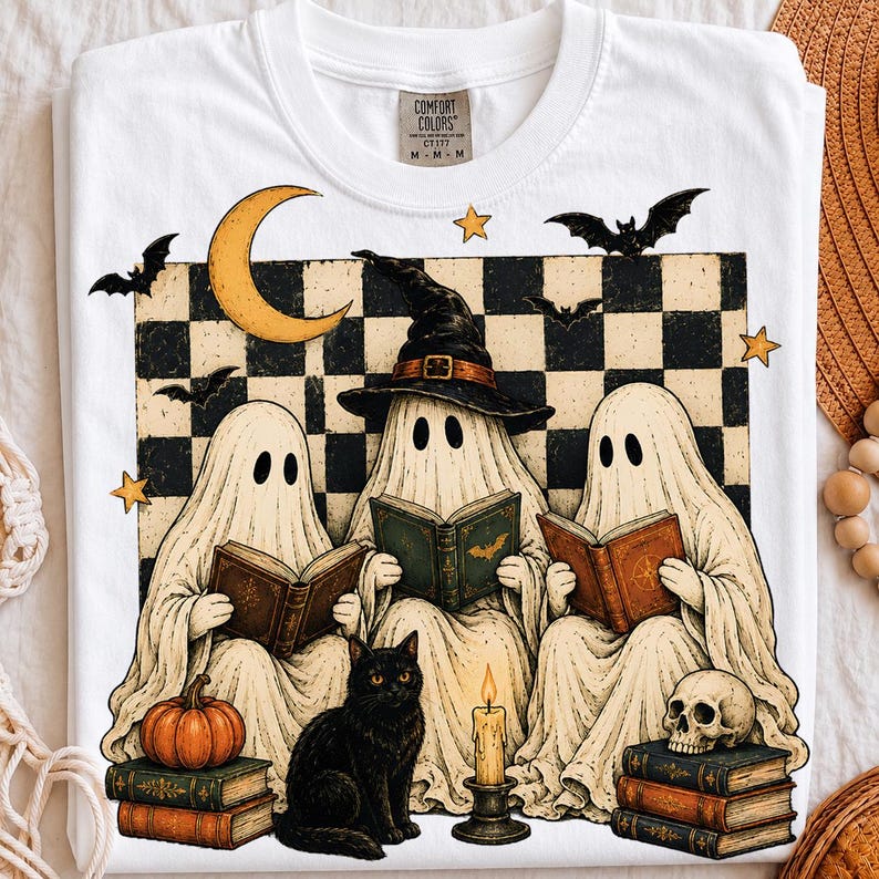 Halloween-läsande spöken PNG, häxbokklubb och svart kattdesign, sublimeringsdigital fil bild 7