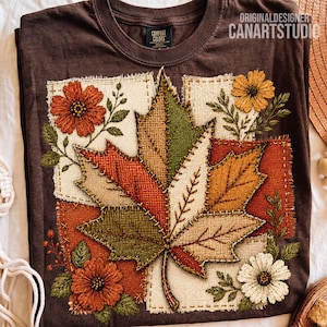 Fall Patchwork Leaf PNG, Rustic Burlap Maple Design, Sublimation Digital File