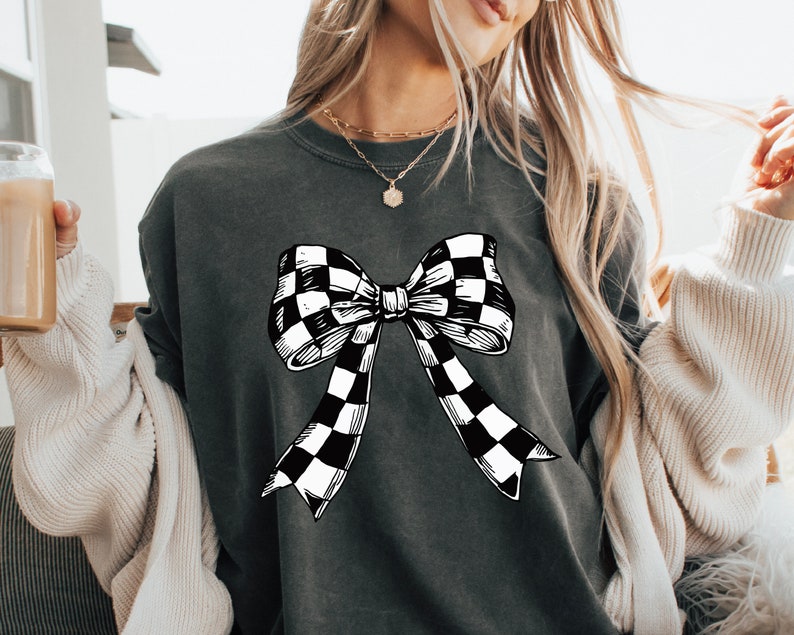 Coquette Bow Png Retro Sublimation Print T-Shirt Clipart Design, Coquette Ribbon Print File, Checkered Bow Tie Png Digital Instant Download image 2