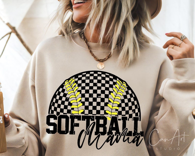 Softball Mama Png, Retro Checkered Softball Png, Sport Mom Png, Game Day Png Sublimation T-Shirt, Mug Designs Digital File Instant Download image 1