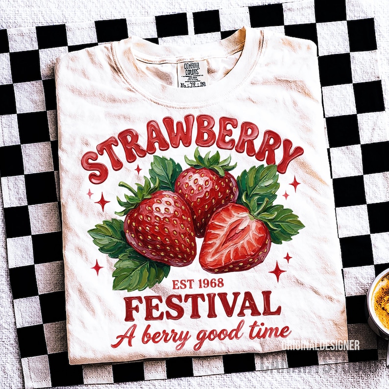 May include: Cream-coloured t-shirt with a strawberry design. The design features the word "STRAWBERRY" in red, three strawberries, green leaves, and the text "EST 1968 FESTIVAL A berry good time."