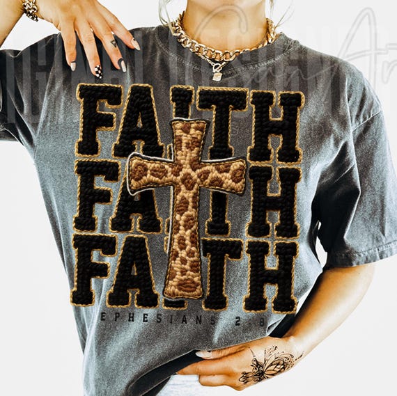 Faith Cross Png, Yarn Textured Leopard Print Cross Design, Faux Crochet Christian Graphic