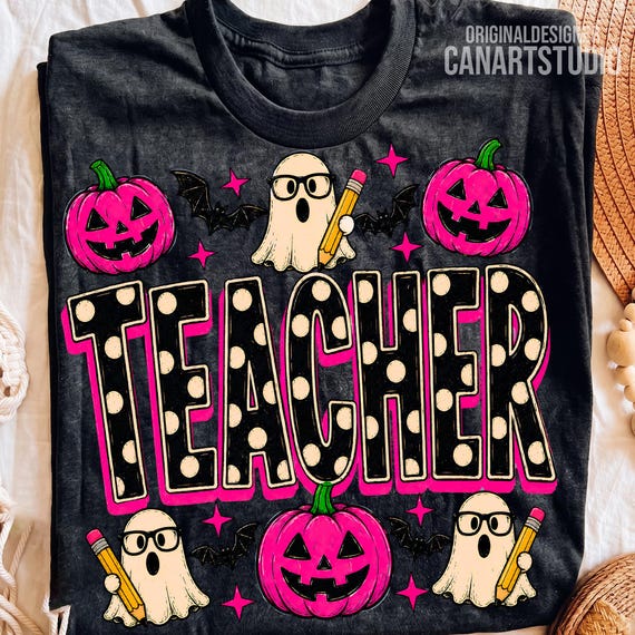 Halloween Teacher PNG, Polka Dot Teacher Ghost Design, Sublimation Digital File