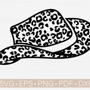 May include: Black and white line art illustration of a cowboy hat with a leopard print pattern.