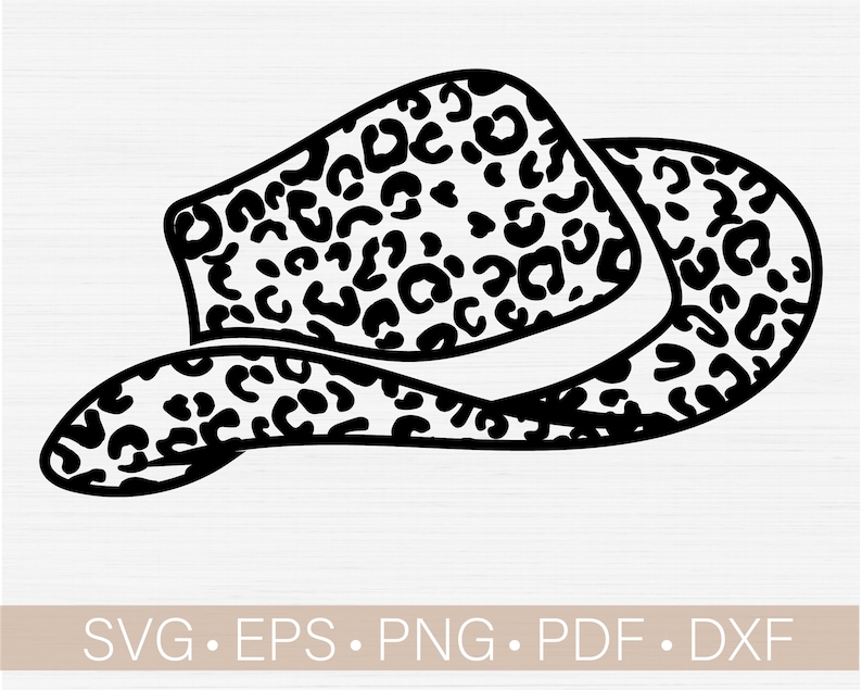 May include: Black and white line art illustration of a cowboy hat with a leopard print pattern.