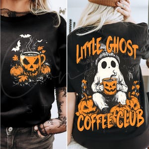 Halloween Little Ghost Coffee Club png, Spooky Coffee Lover sublimatie shirtontwerp, grappige Ghost Coffee grafische voor- en achterkant pompoenmok