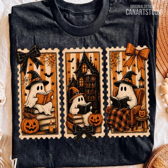Halloween Reading Ghost PNG, Vintage Book Lover Postage Design, Sublimation Digital File