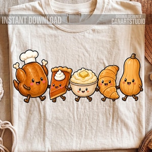 Thanksgiving Food Friends PNG, Cute Turkey Dinner Characters, Kawaii Fall Sublimation