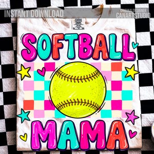 May include: White t-shirt with a colorful graphic design. The design features the words "SOFTBALL MAMA" in bubble letters, a yellow softball, stars, and hearts. The words "INSTANT DOWNLOAD" and "ORIGINAL DESIGNER CANARTSTUDIO" are also visible.