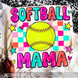 May include: A beige tote bag with the words "SOFTBALL MAMA" in bright pink and teal bubble letters. A yellow softball is in the center, with a checkered background of pink, orange, and teal squares. The words "INSTANT DOWNLOAD" are at the bottom.