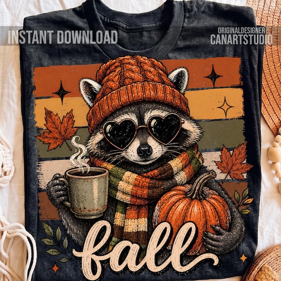 Fall Raccoon PNG, Cozy Autumn Shirt Design for Sublimation