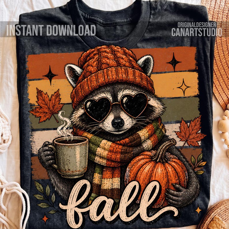 Puede incluir: Una camiseta negra con el gr&aacute;fico de un mapache que lleva un gorro de punto naranja, gafas de sol en forma de coraz&oacute;n y una bufanda a rayas. El mapache sostiene una taza humeante y una calabaza. El fondo tiene hojas de oto&ntilde;o y el texto "fall".
