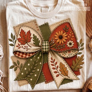 Puede incluir: Una camiseta de color crema con un gran gráfico central de un lazo decorativo hecho de varios parches de tela texturizada. El diseño del lazo incluye patrones de hojas de otoño, girasoles, cuadros vichy y lunares en tonos rojos, verdes y beige.